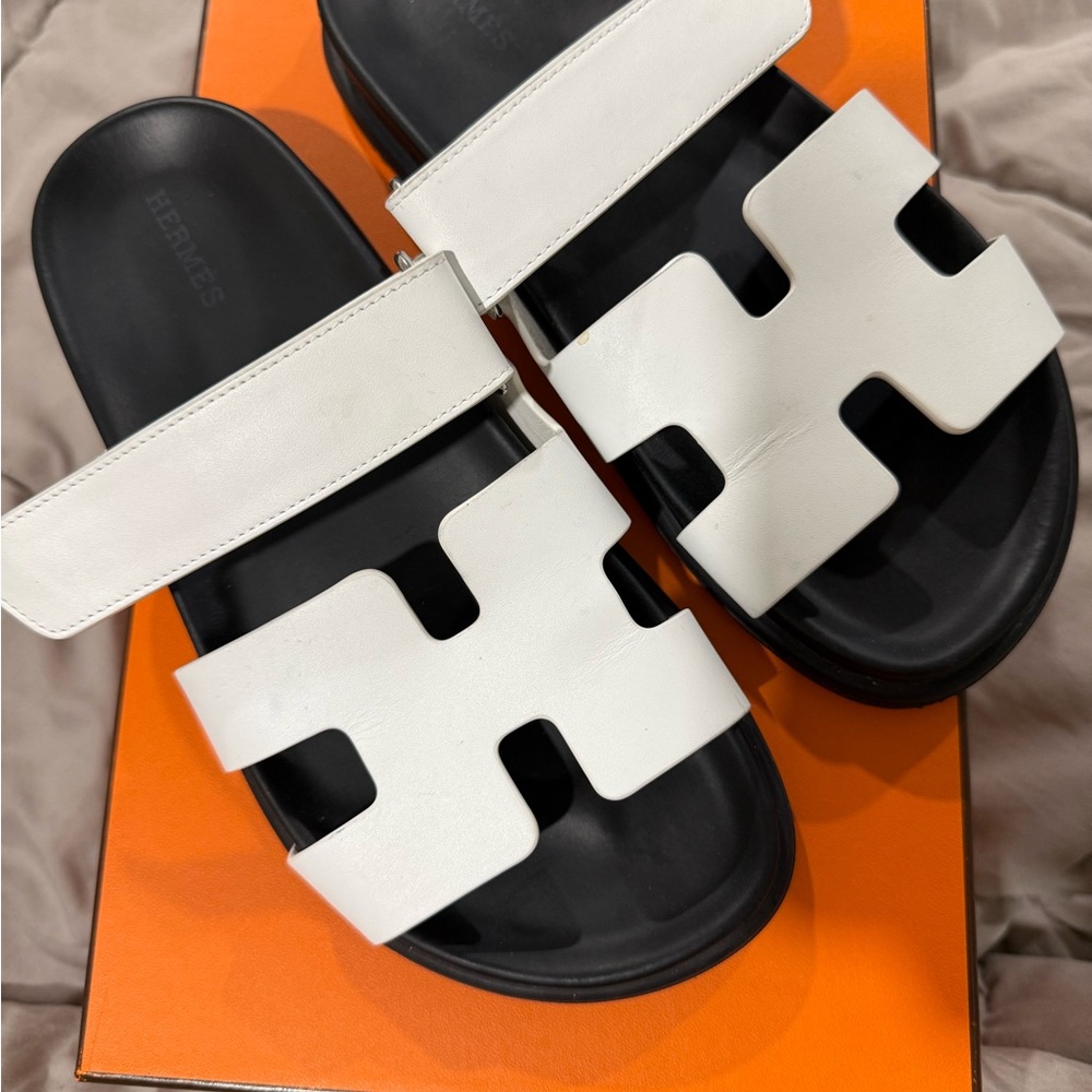 Hermes White and Black Oran Slide Sandals